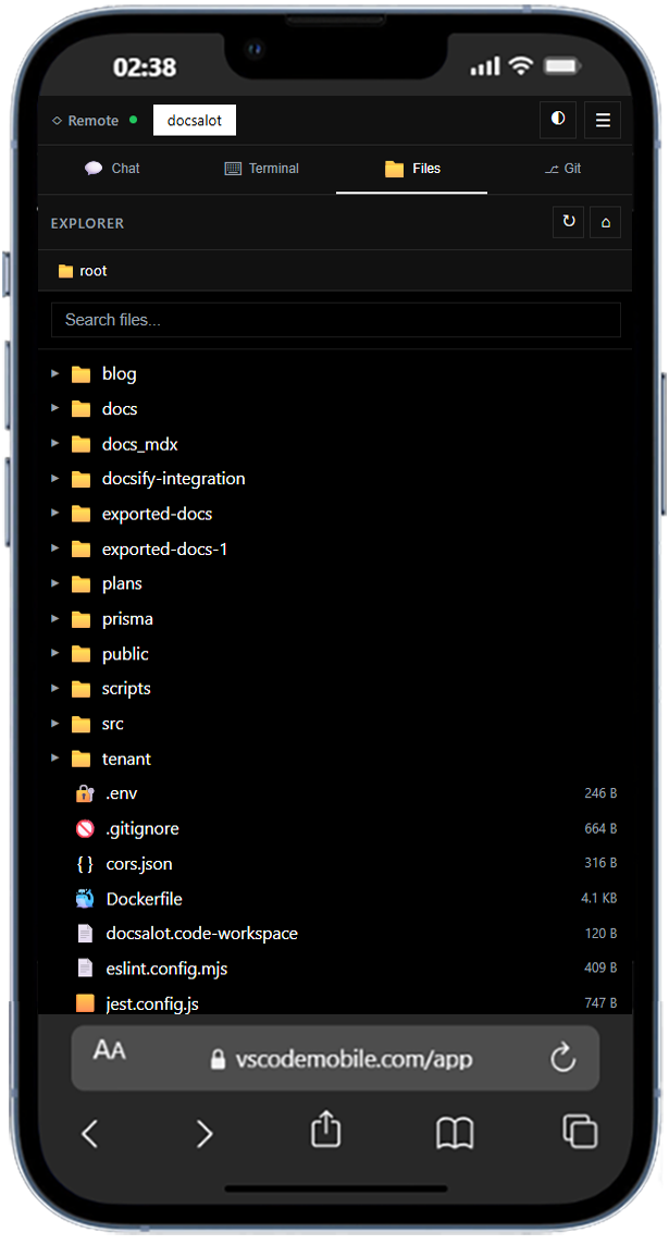 File explorer in VSCodeMobile