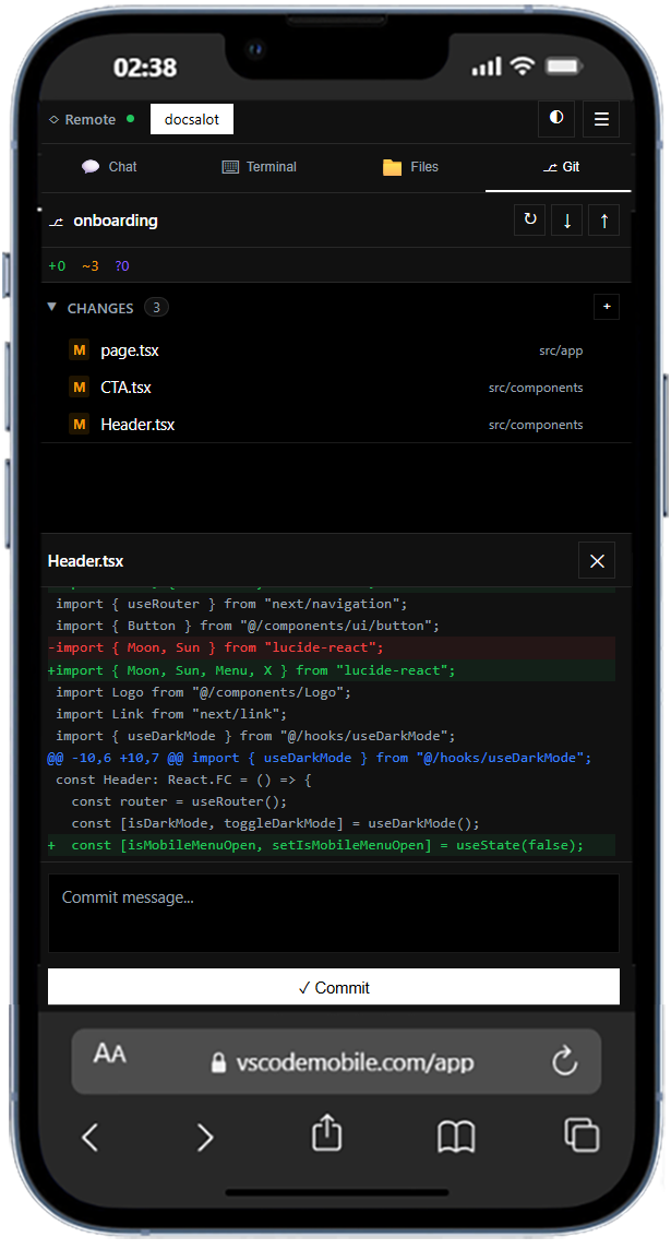 Git view in VSCodeMobile