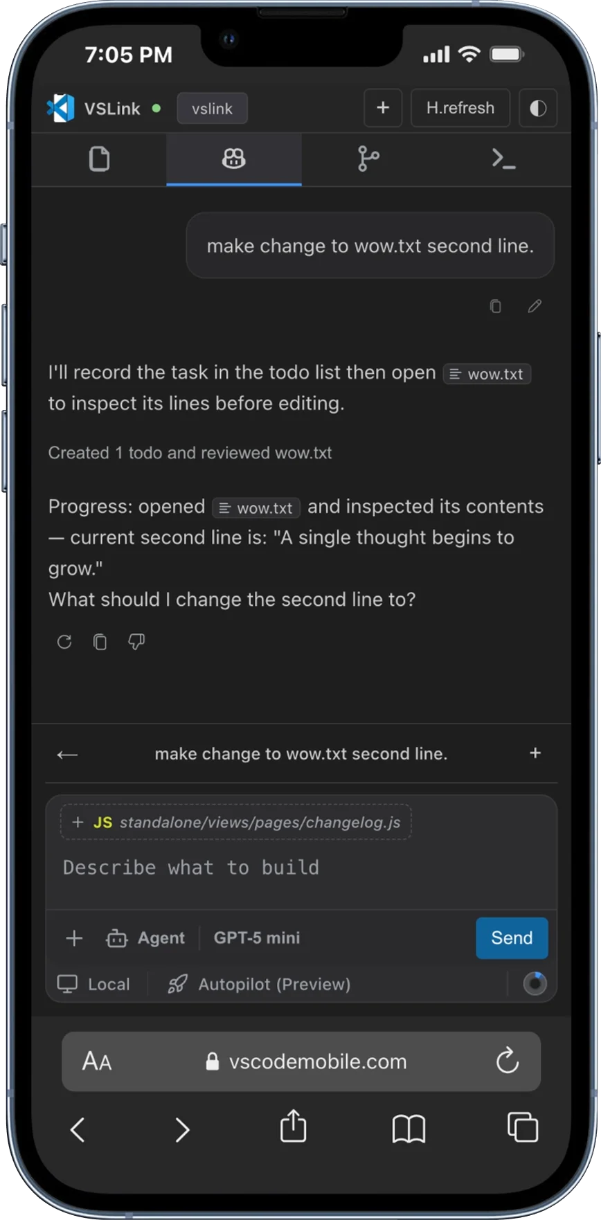Copilot chat on VSCodeMobile for iPhone