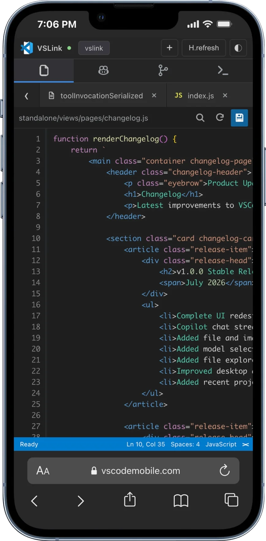 File explorer on VSCodeMobile for iPhone
