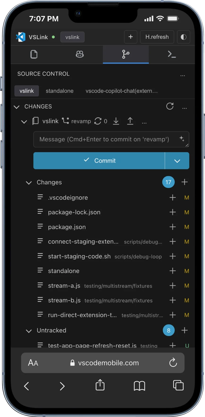 Git view on VSCodeMobile for iPhone