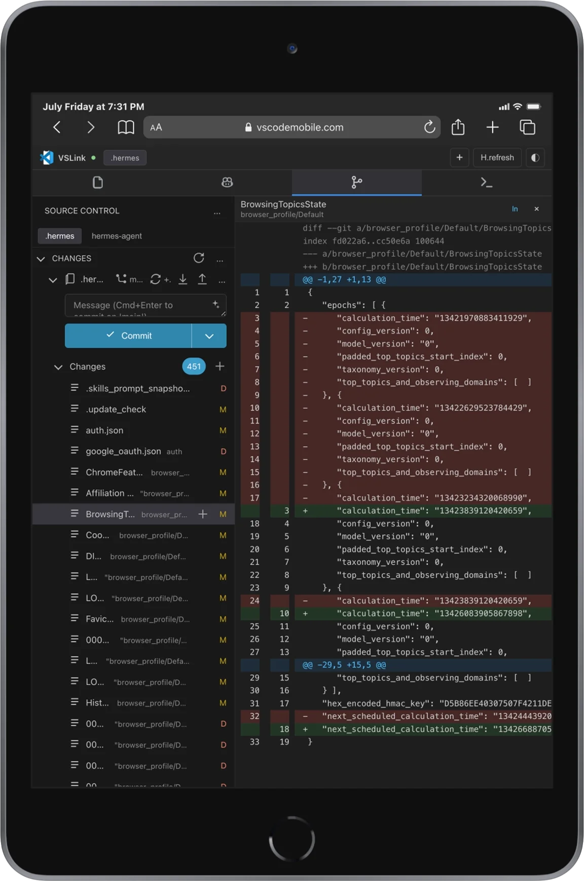 Git view on VSCodeMobile for tablet