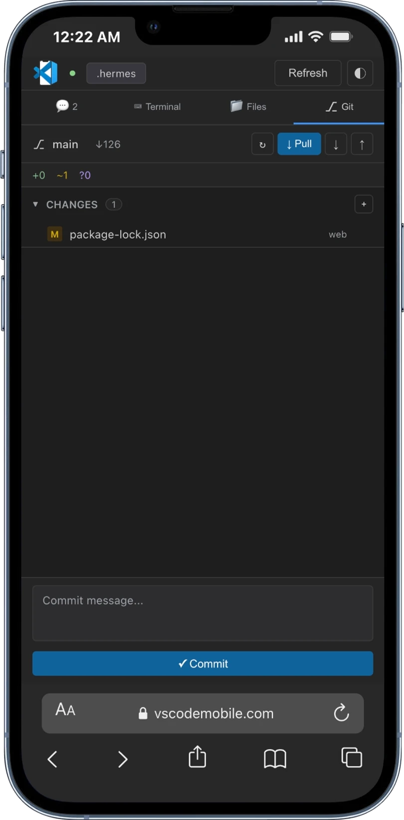 Git view in VSCodeMobile
