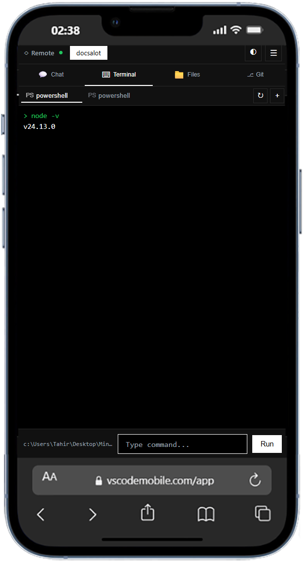 Terminal interface in VSCodeMobile